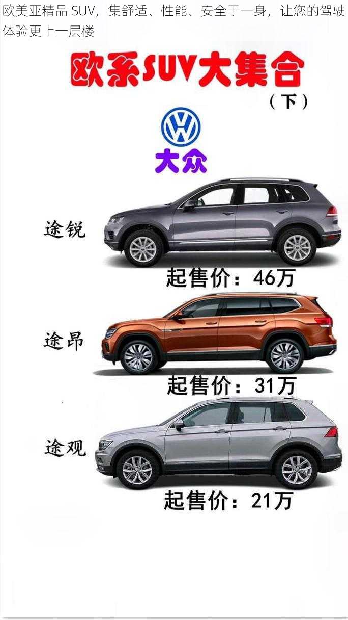 欧美亚精品 SUV，集舒适、性能、安全于一身，让您的驾驶体验更上一层楼