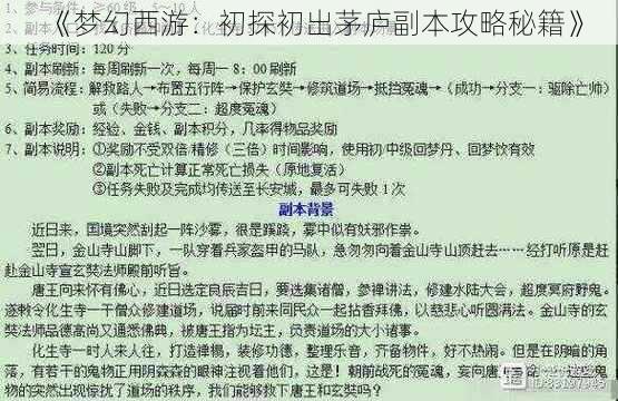 《梦幻西游：初探初出茅庐副本攻略秘籍》