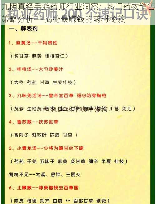 九阴真经手游药师行业洞察：热门药物销售策略分析——揭秘最赚钱的药材秘笈